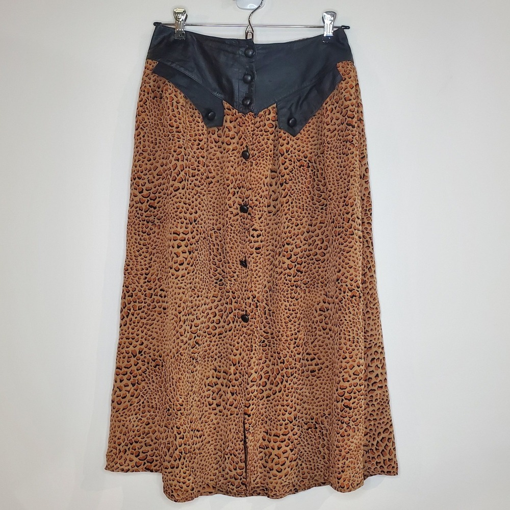 Bellino Paris Moda Leopard Print Maxi Skirt Black Leather Trim Button Front Sz 8
